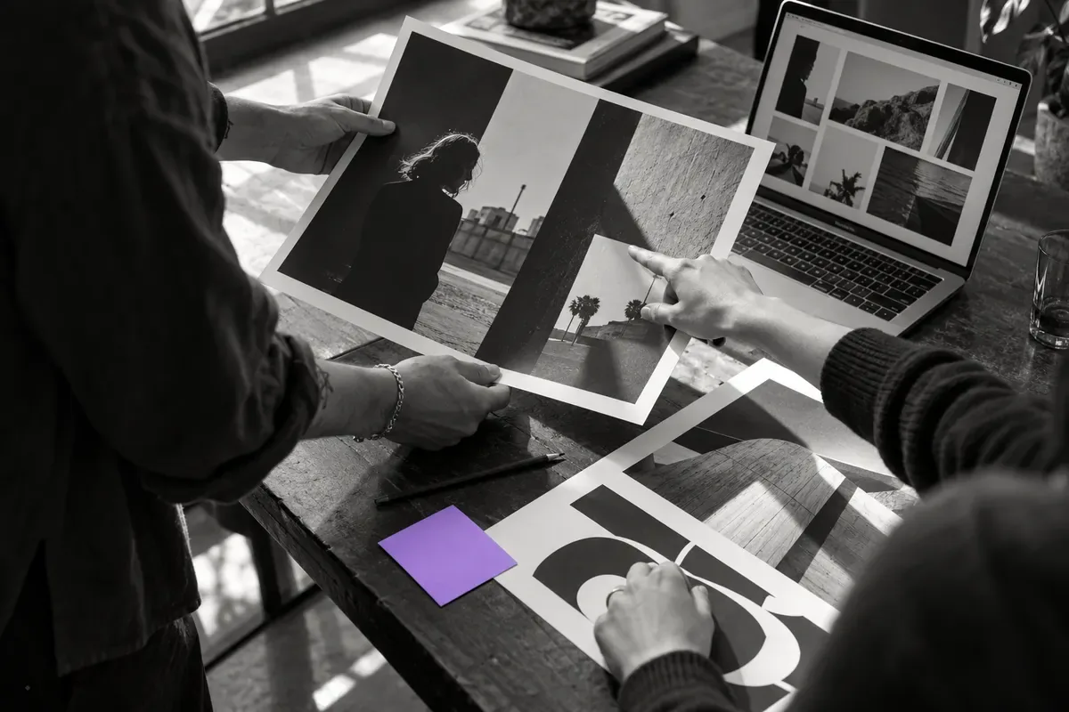 KI-generierte Bildstudie, illustrative Arbeitsszene: Menschen besprechen fotografische Entwürfe und Drucke an einem Arbeitstisch.