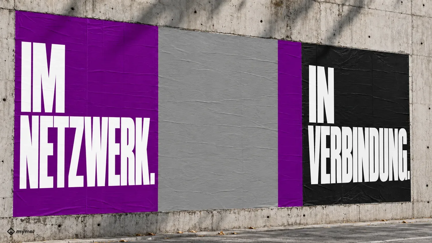 Myme-Plakatgestaltung in SABS-Lila mit den Botschaften Im Netzwerk. In Verbindung.